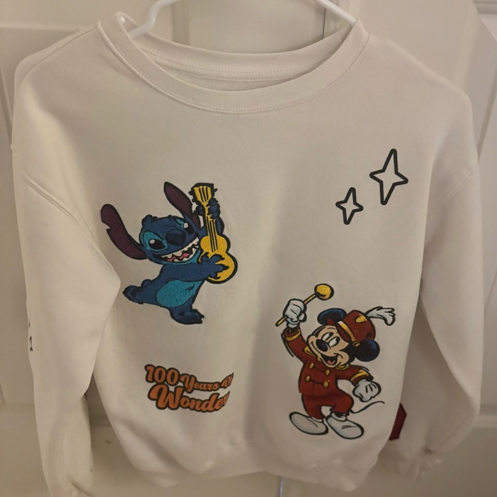 Disney White Sweatshirt with Blue Stitch and Red Mickey Graphic